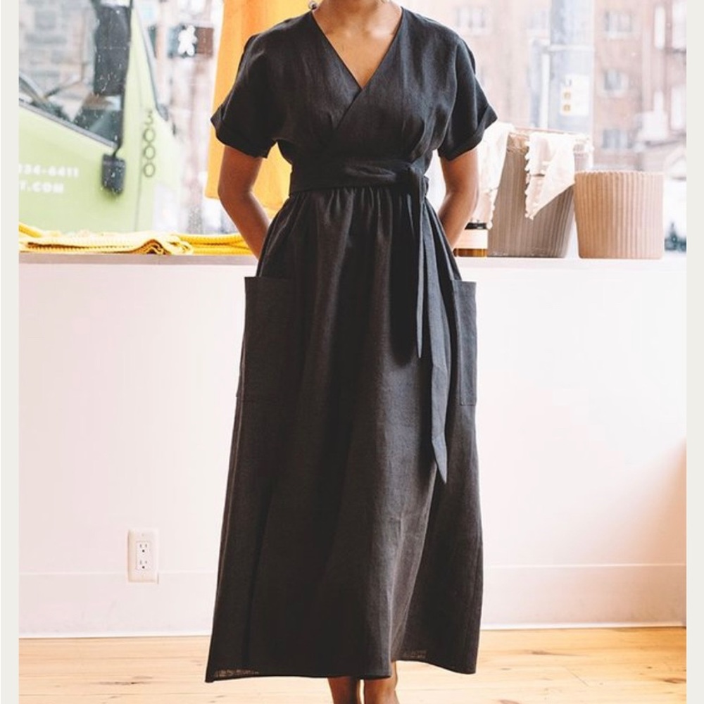 Mara Hoffman Black Wrap Midi Dress with Pockets